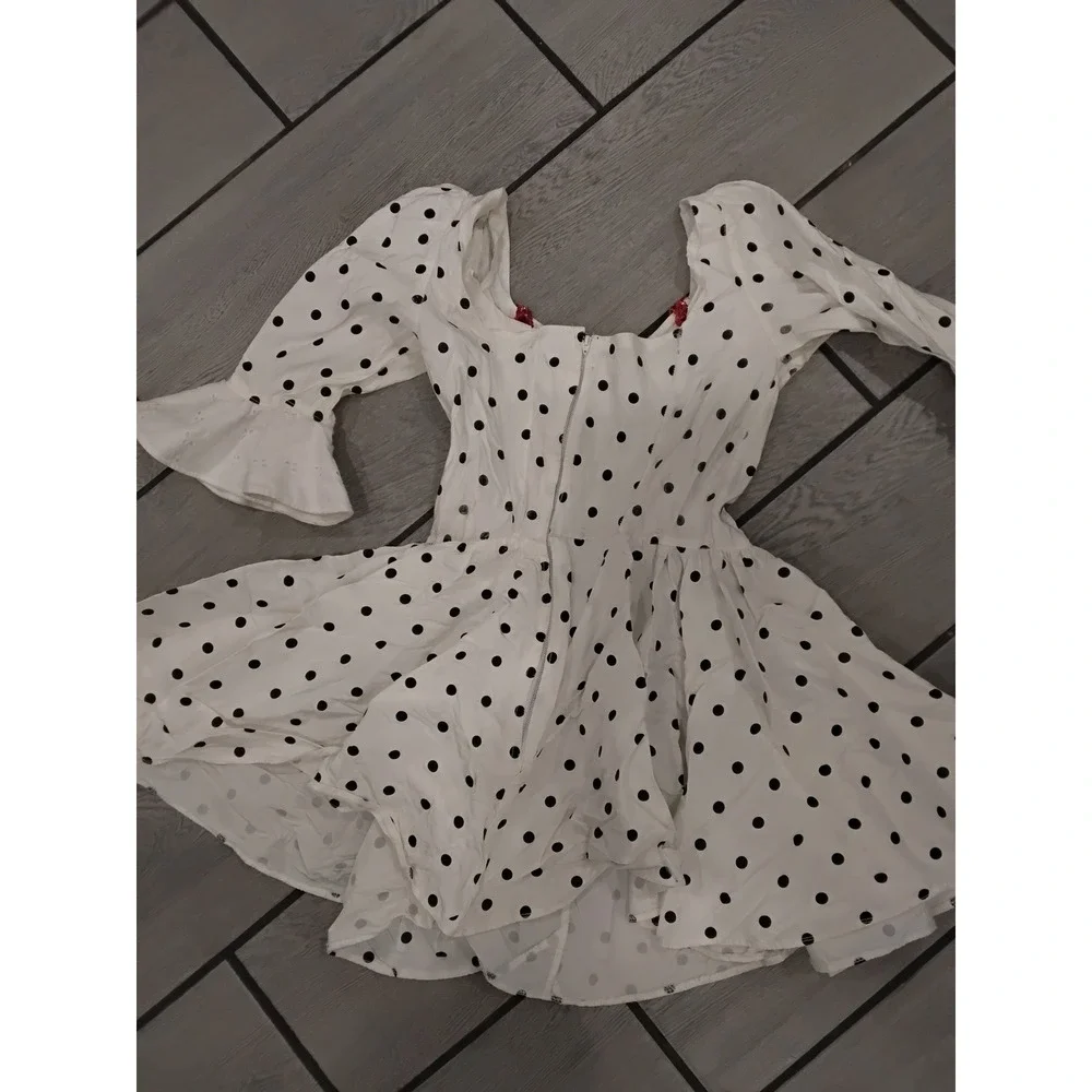 Kids White Black Polka Dot Costume Dress Red Sequin Trim Lace Up Bodice